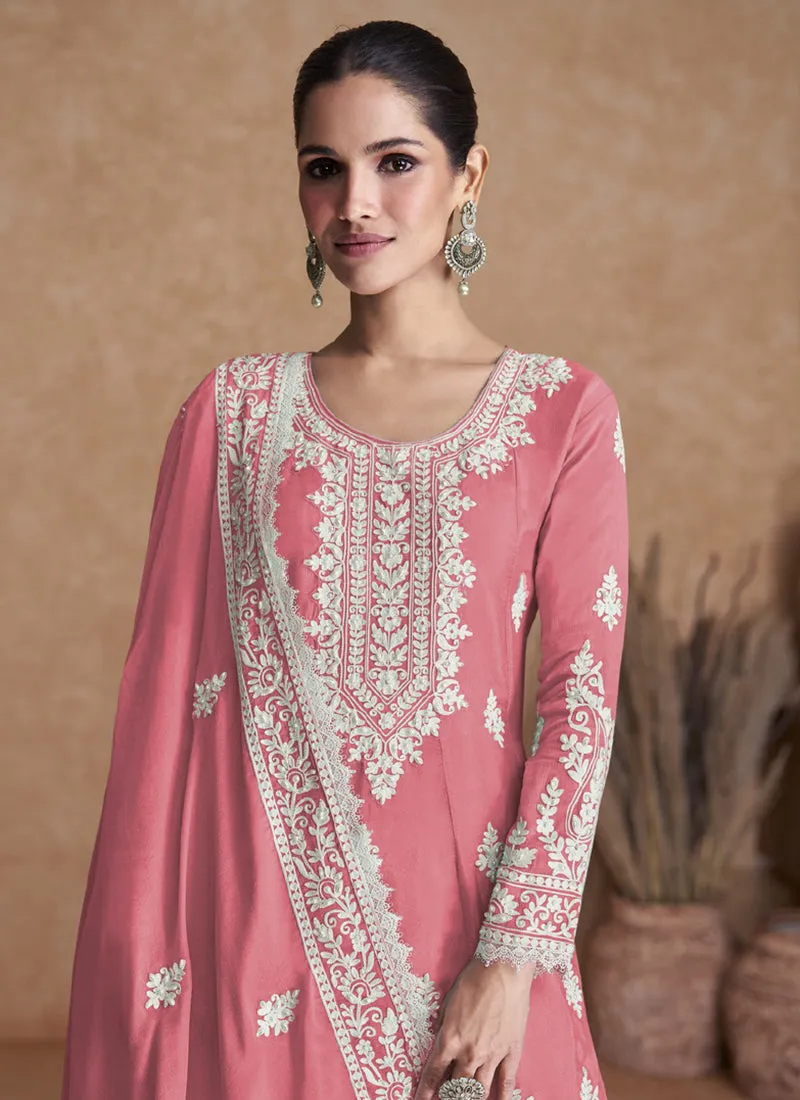 Light Pink Thread Work Embroidery Wedding Gharara Style Suit