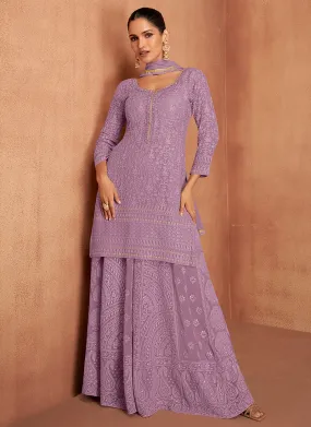 Light Purple Chikankari Embroidery Festive Palazzo Suit