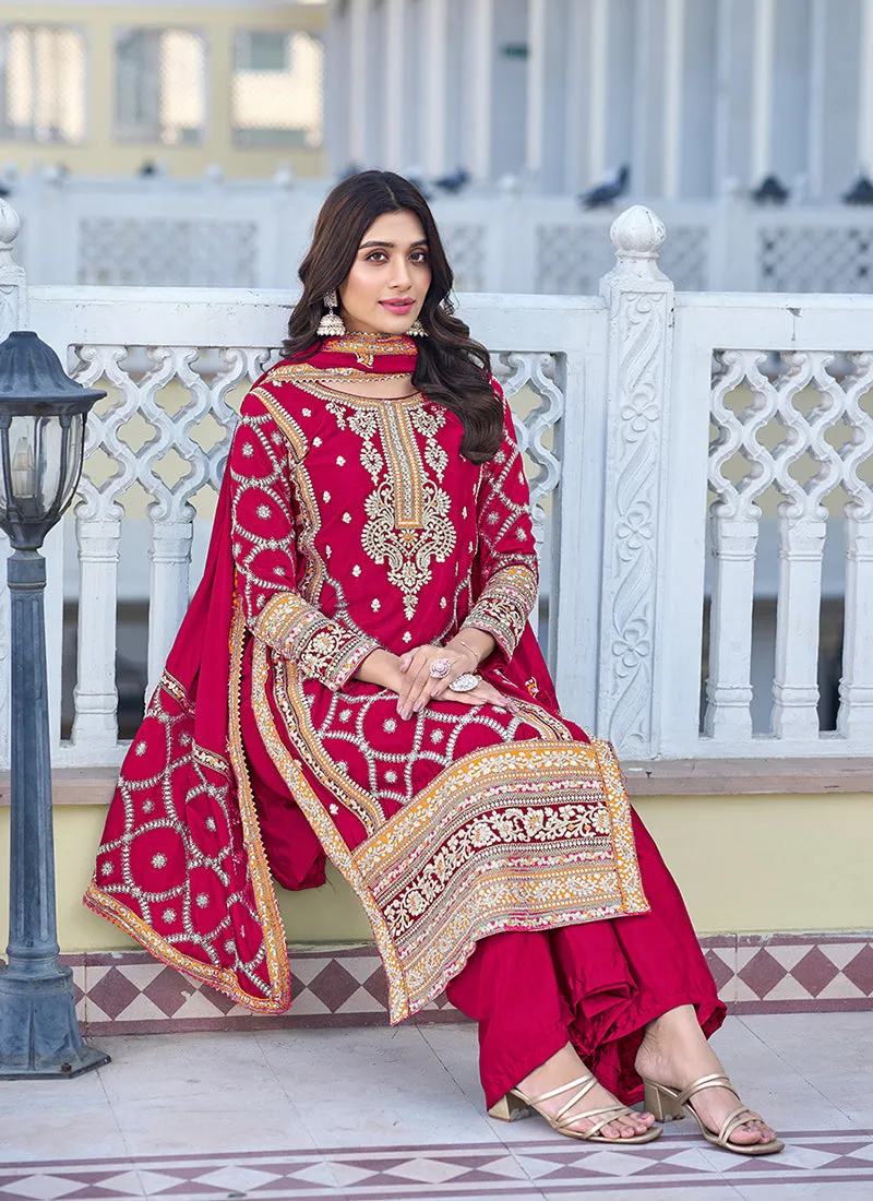Magenta Multi Thread Embroidery Palazzo Style Suit