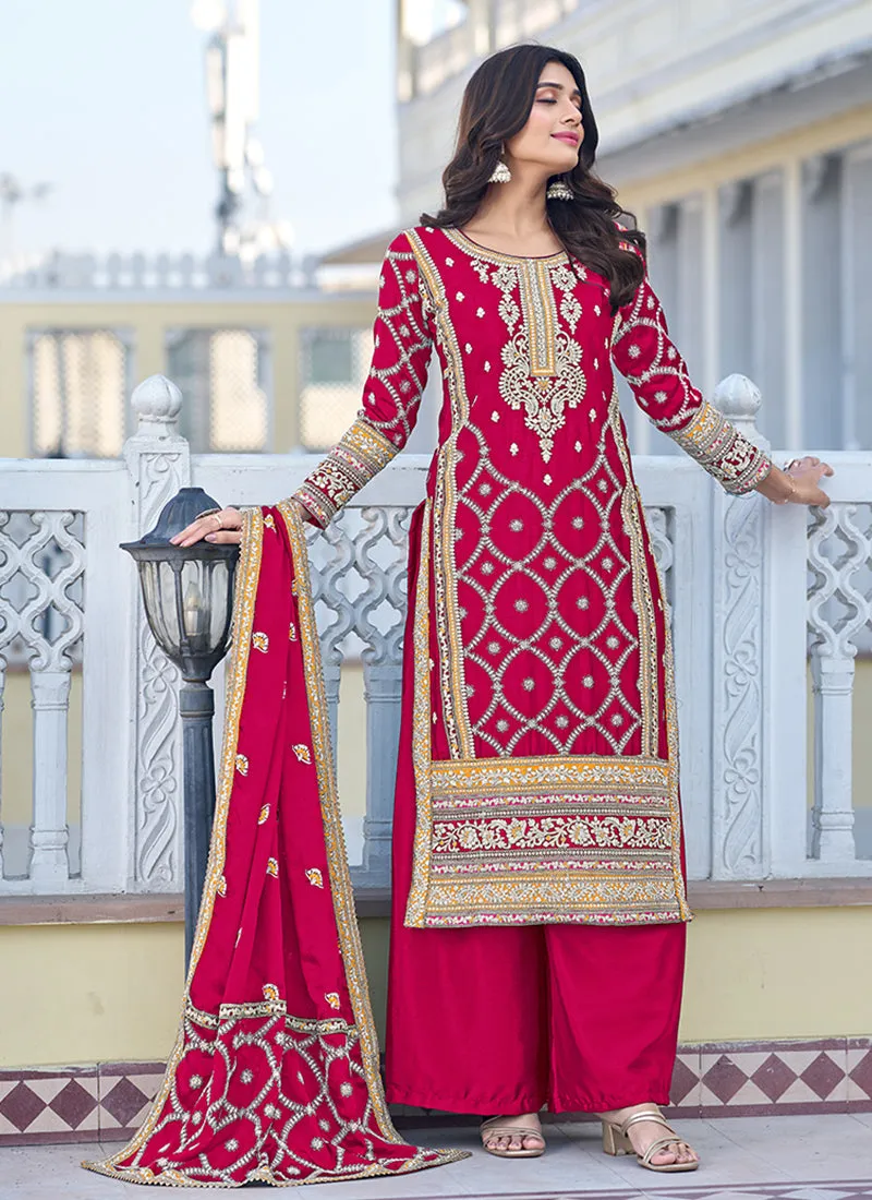 Magenta Multi Thread Embroidery Palazzo Style Suit