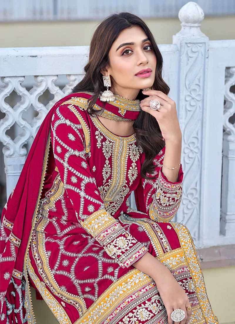 Magenta Multi Thread Embroidery Palazzo Style Suit