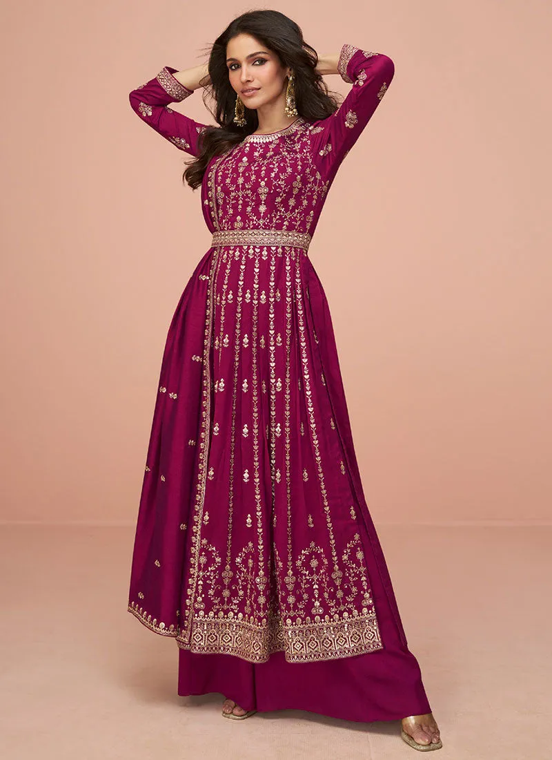 Magenta Thread And Sequence Embroidery High Slit Palazzo Suit