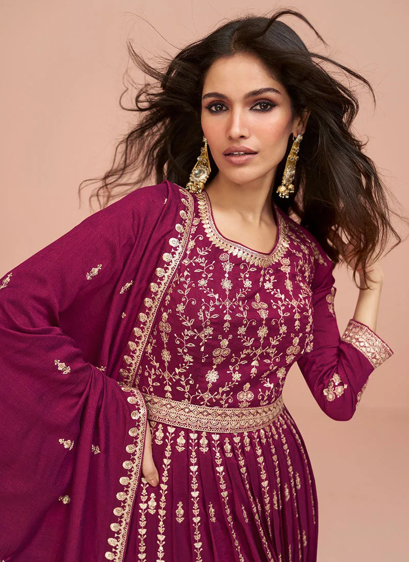 Magenta Thread And Sequence Embroidery High Slit Palazzo Suit