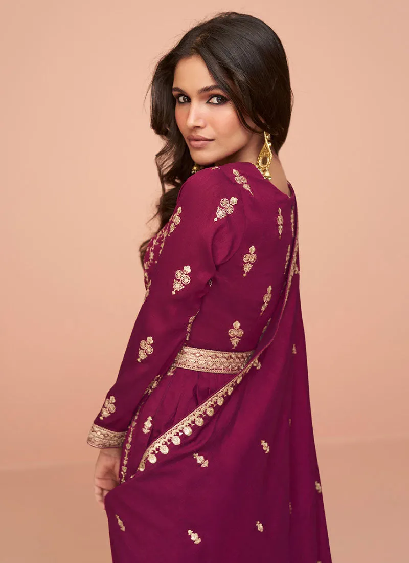 Magenta Thread And Sequence Embroidery High Slit Palazzo Suit
