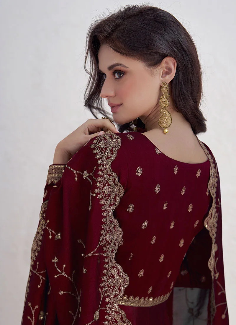 Maroon Sequence Embroidery Anarkali Gown With Dupatta