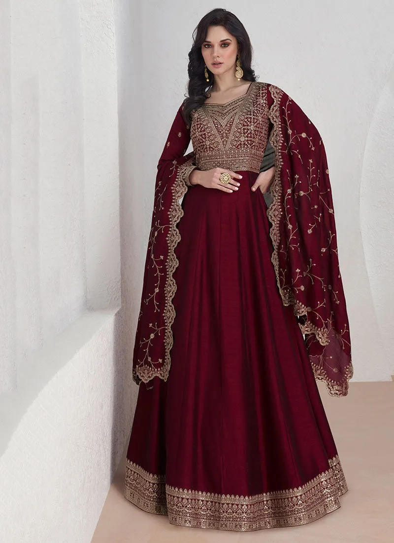 Maroon Sequence Embroidery Anarkali Gown With Dupatta