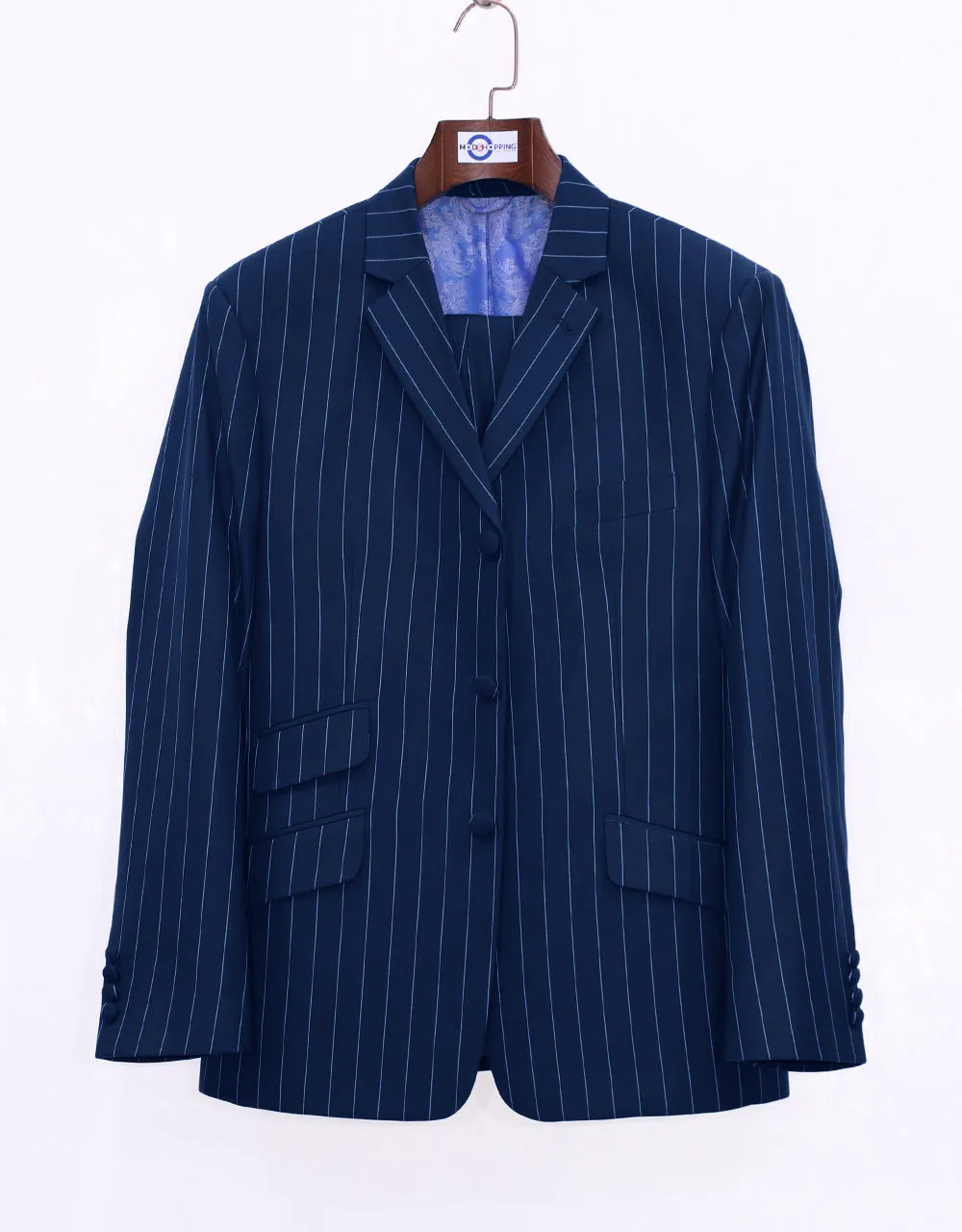 Navy Blue and White Pinstripe Suit