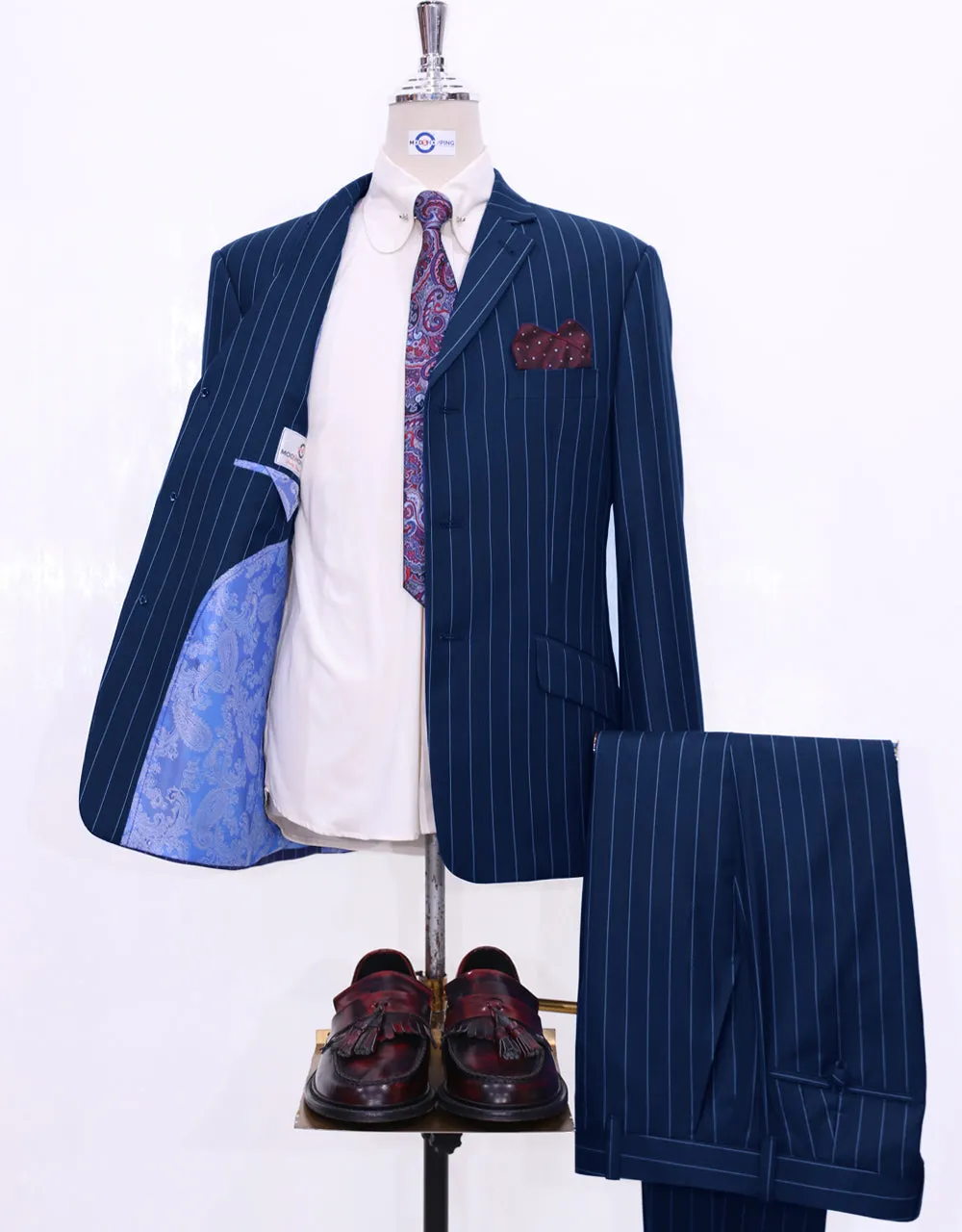 Navy Blue and White Pinstripe Suit