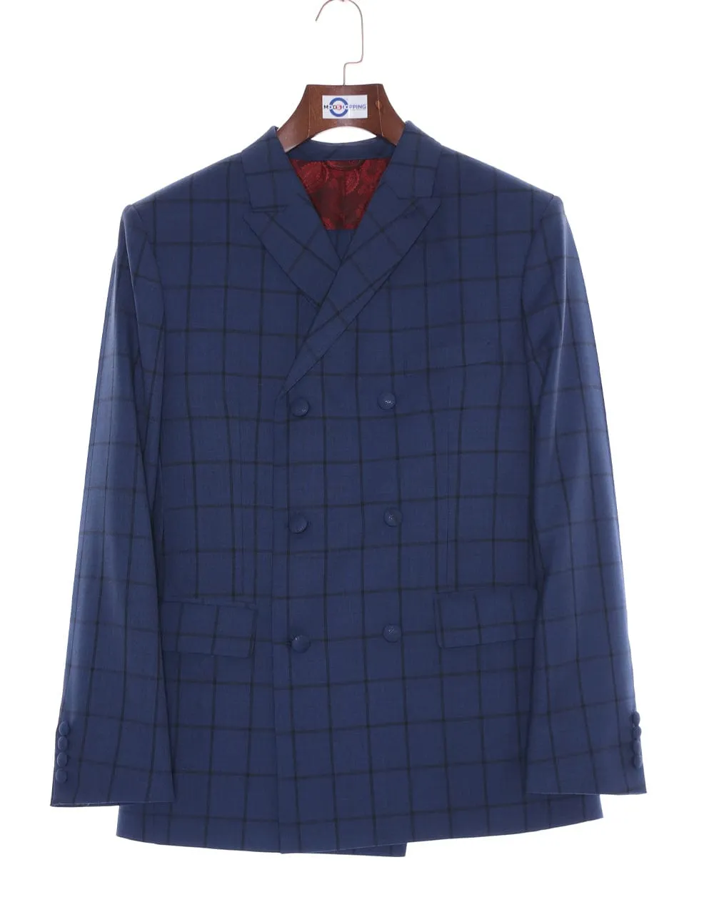 Navy Blue Windowpane Check Double Breasted Suit