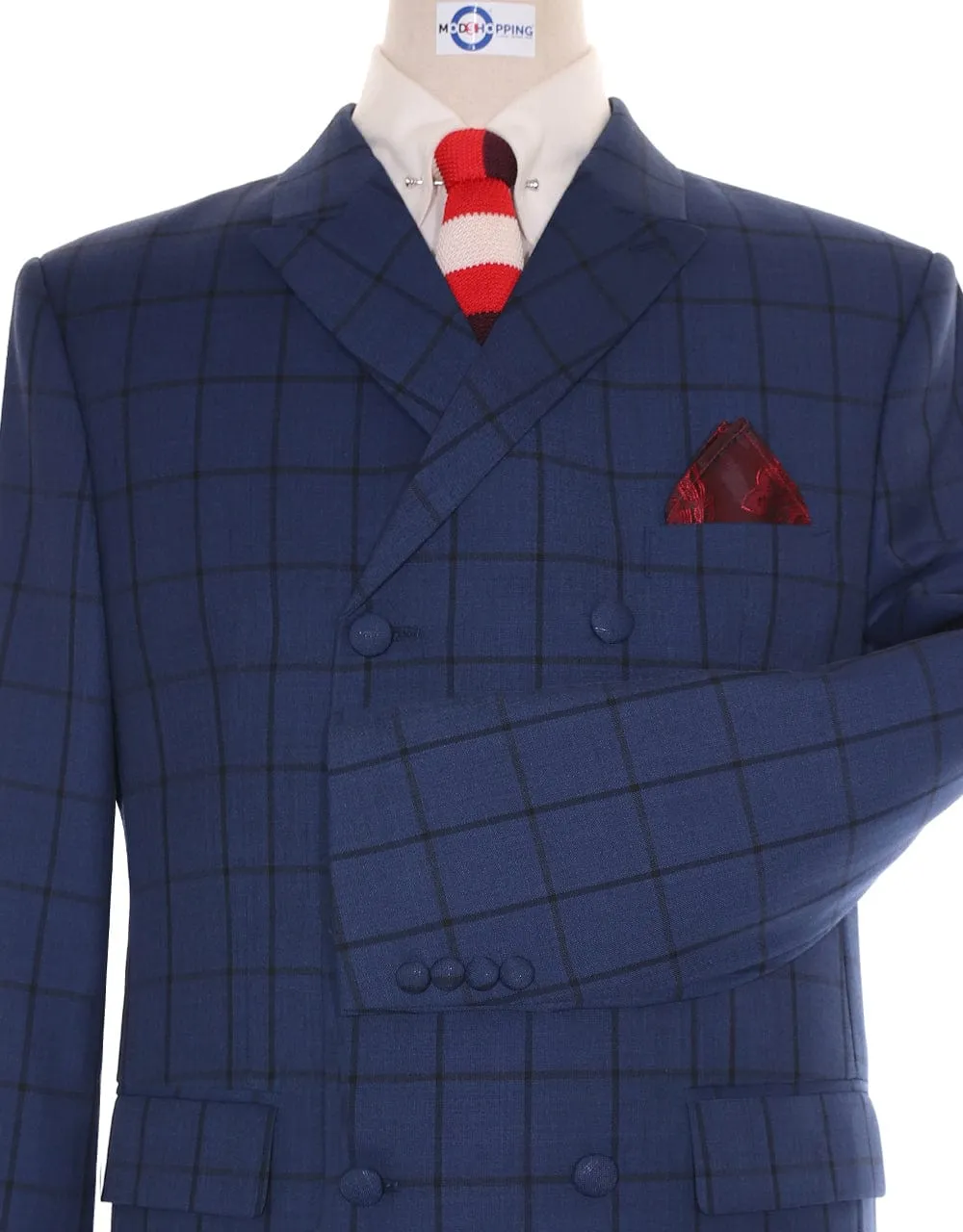 Navy Blue Windowpane Check Double Breasted Suit