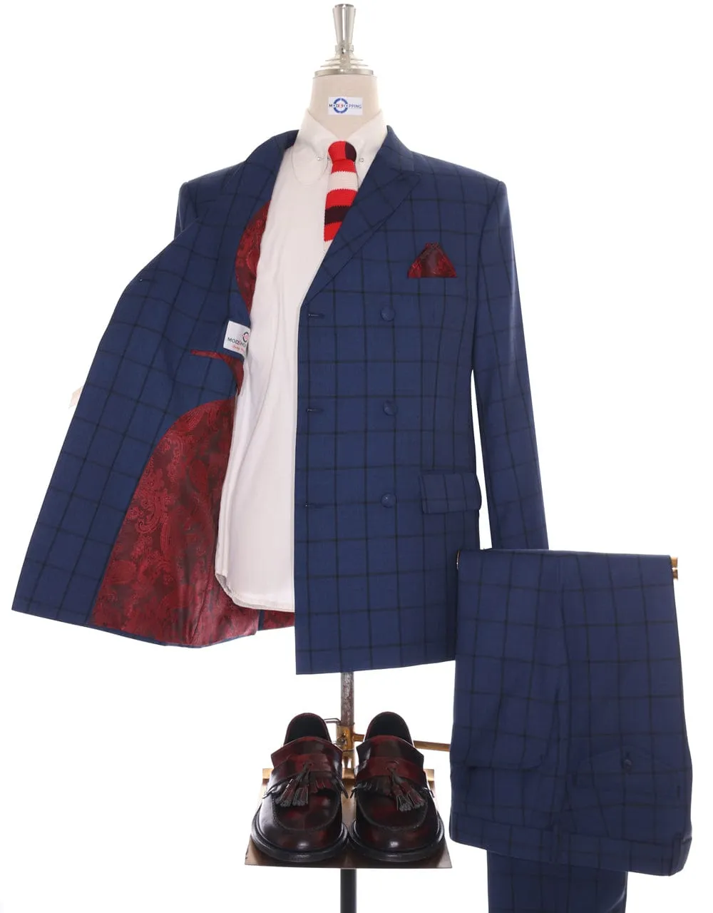 Navy Blue Windowpane Check Double Breasted Suit