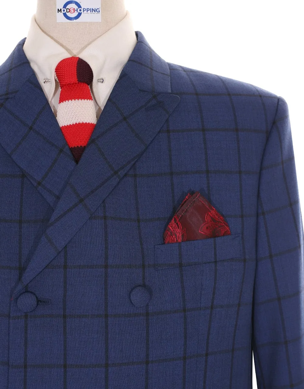 Navy Blue Windowpane Check Double Breasted Suit