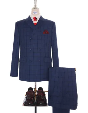 Navy Blue Windowpane Check Double Breasted Suit