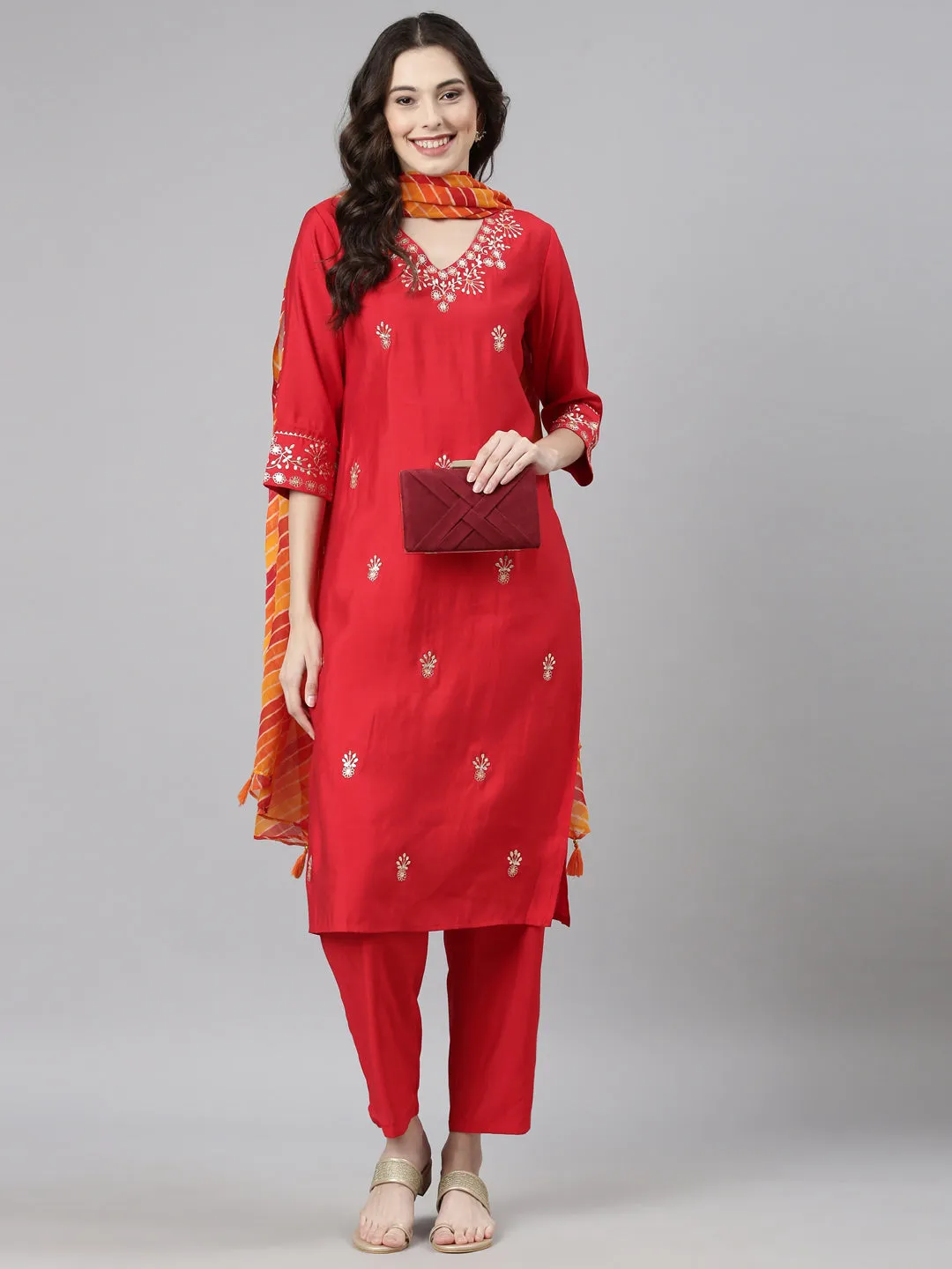 Neerus Red Casual Solid Straight Kurta and Trousers With Dupatta