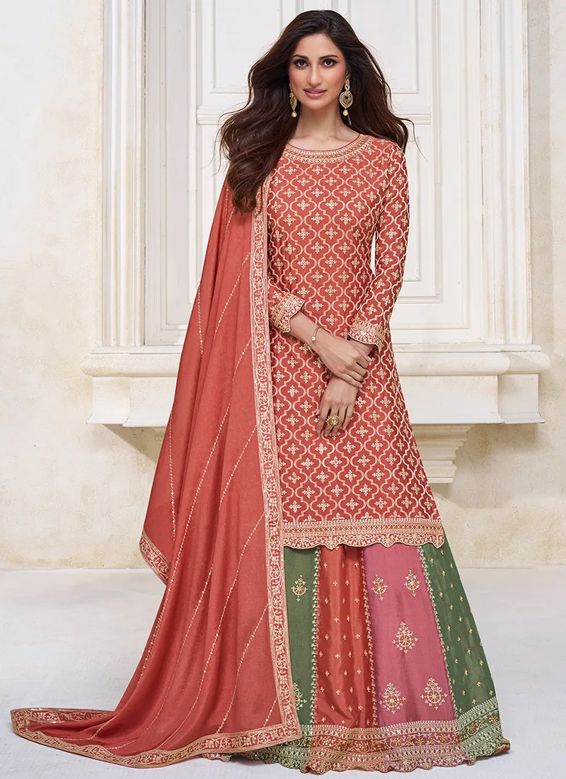 Orange Multi Embroidered Traditional Lehenga Kurti