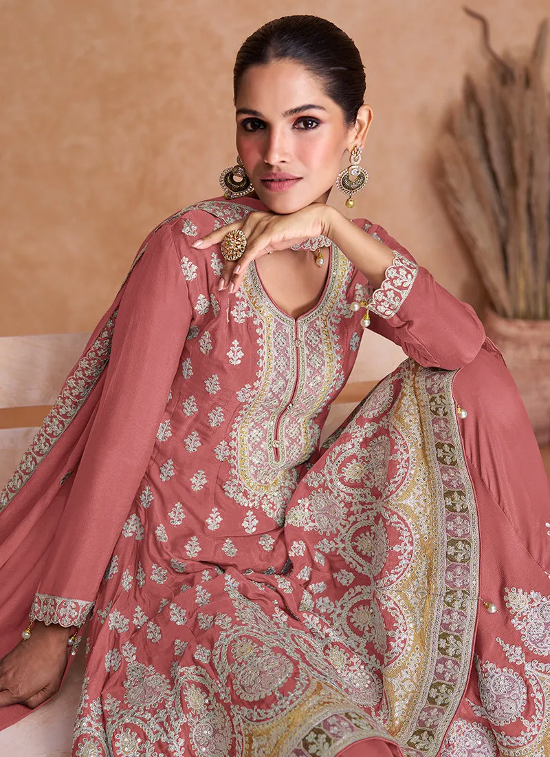 Peach Multi Embroidery Wedding Gharara Style Suit
