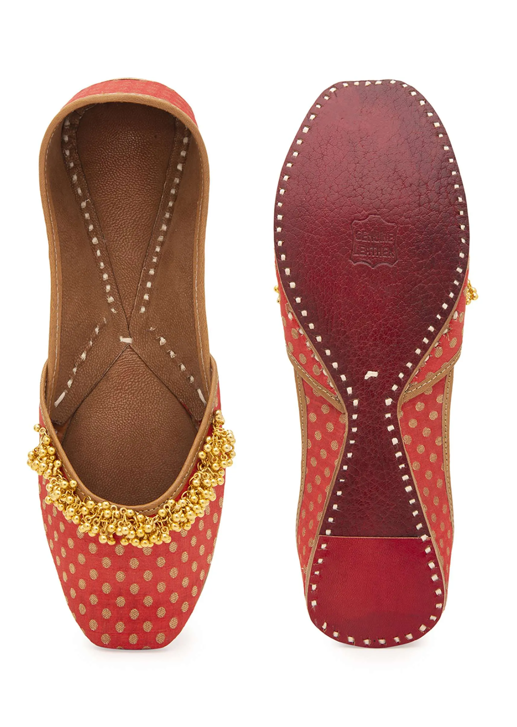 Peach Polka Dots Print Juttis In Silk With Ghungroo Embellishment And Leather Underlining