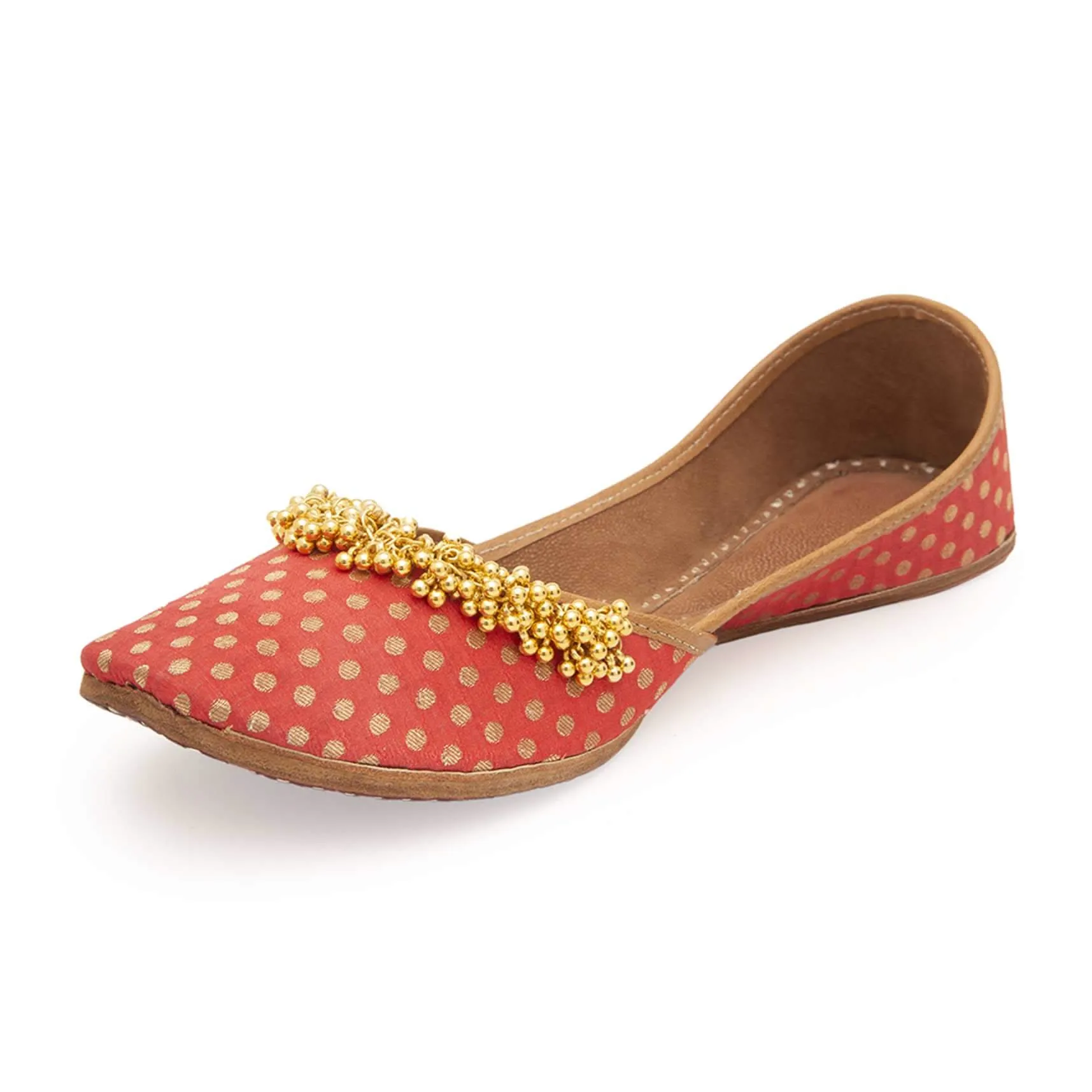 Peach Polka Dots Print Juttis In Silk With Ghungroo Embellishment And Leather Underlining