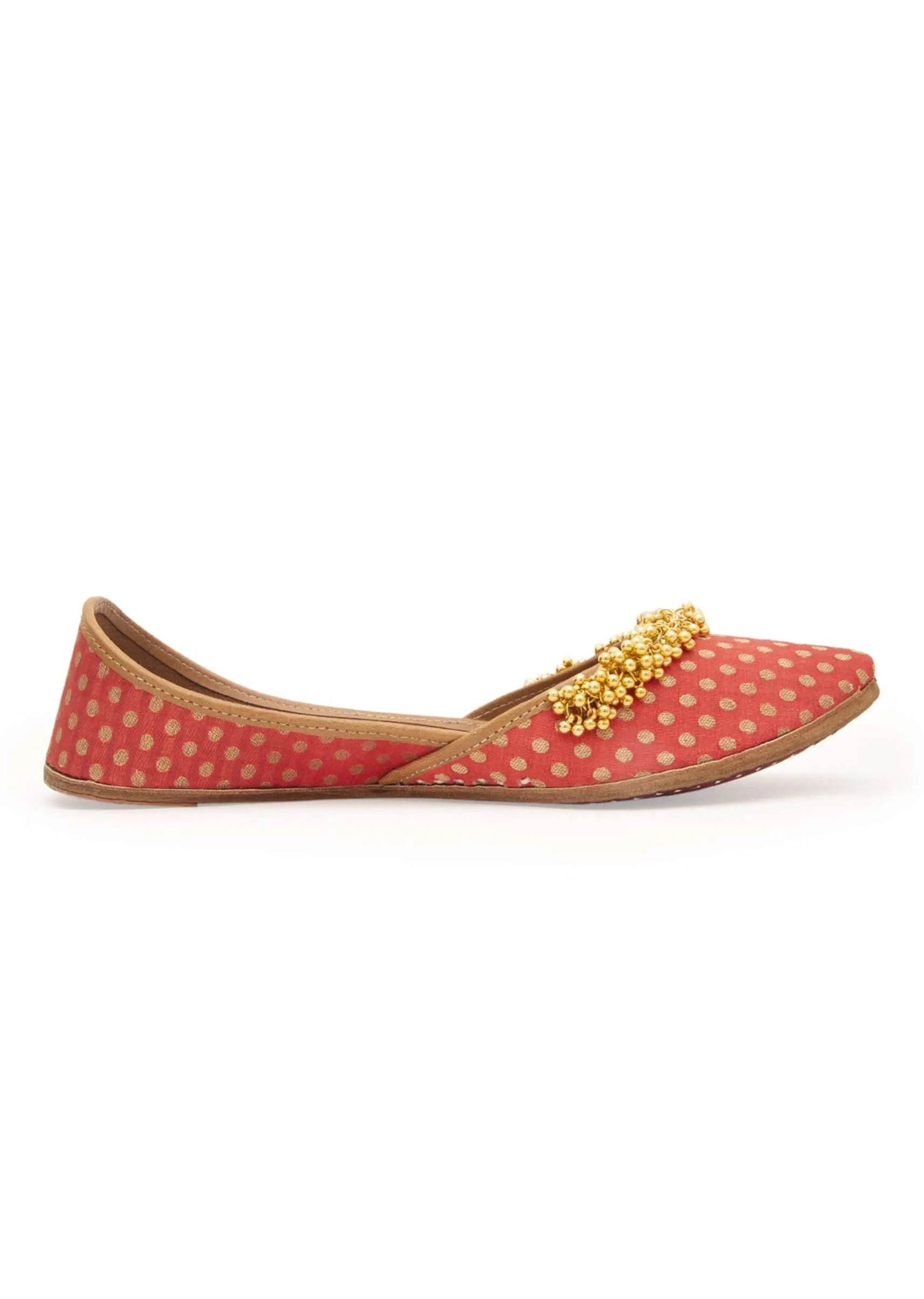 Peach Polka Dots Print Juttis In Silk With Ghungroo Embellishment And Leather Underlining