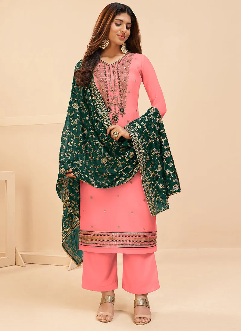Pink And Green Embroidered Salwar Kameez