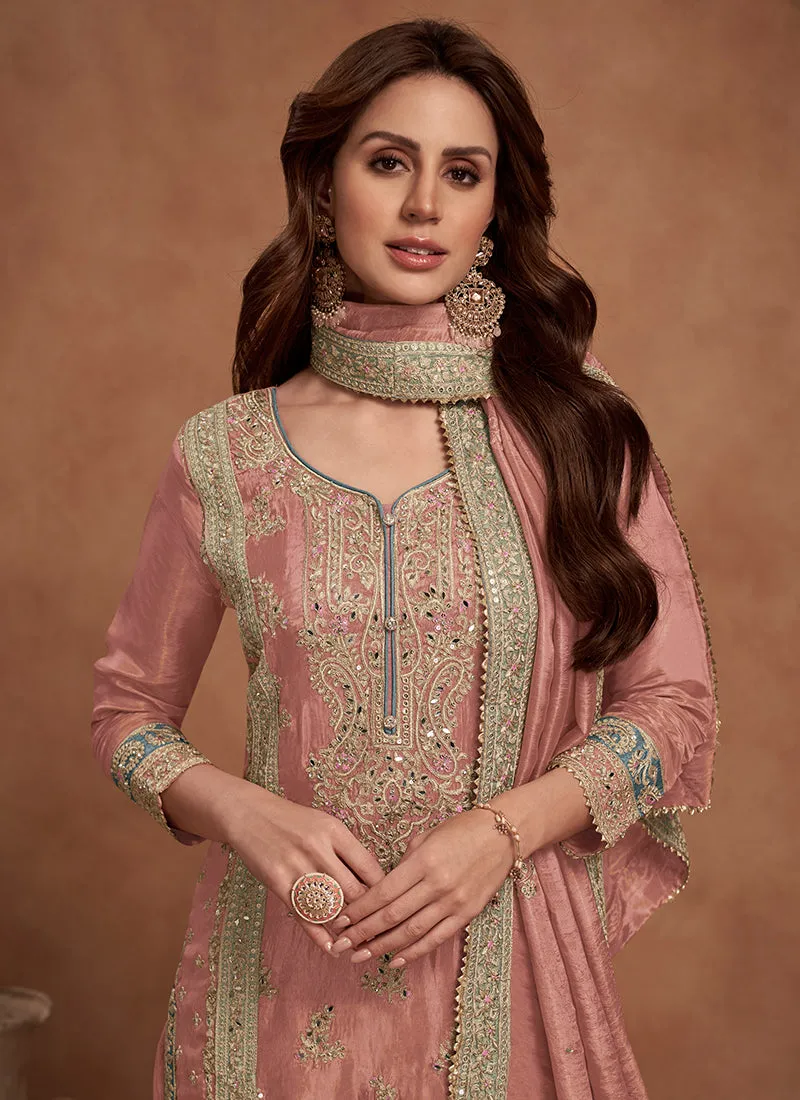 Pink Multi Embroidered Wedding Palazzo Suit