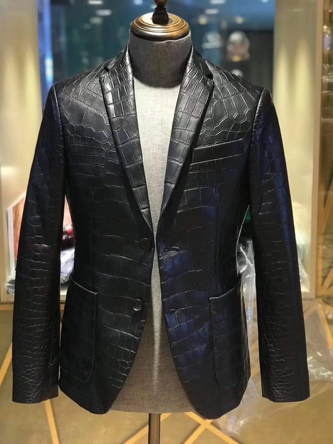 Preorder Suede Crocodile  Leather Blazer  Beige With Embroidery