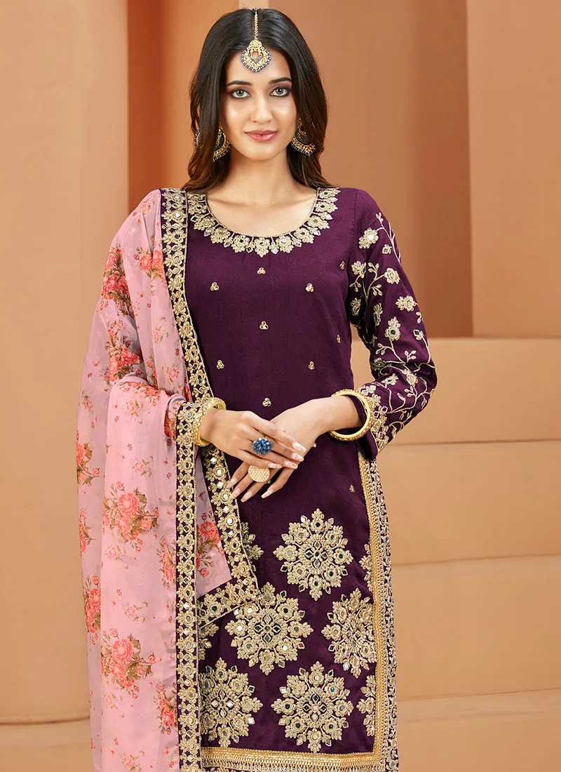 Purple Embroidery Silk Festive Salwar Suit