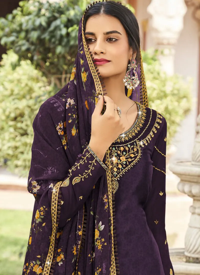 Purple Multi Embroidered Traditional Punjabi Style Suit