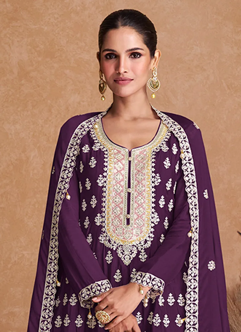 Purple Multi Embroidery Wedding Gharara Style Suit