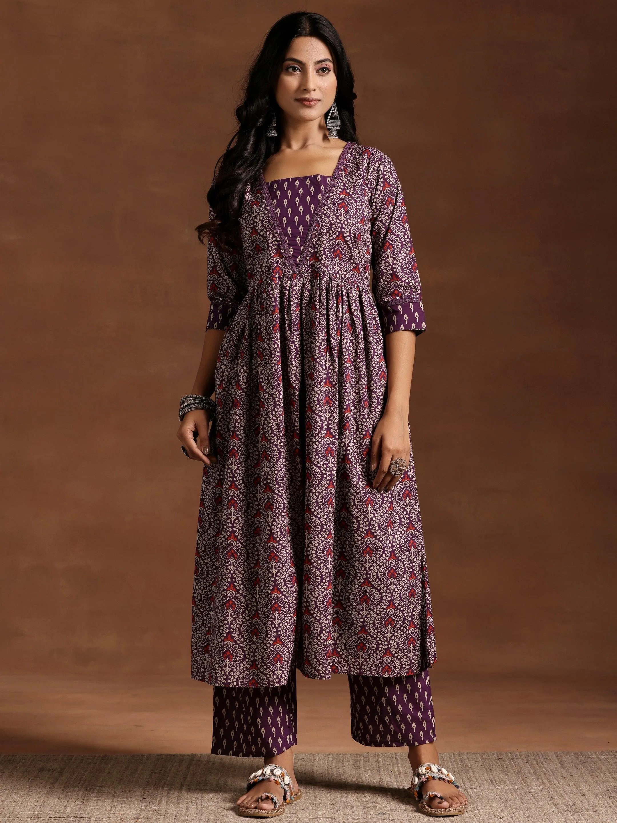 Purple Printed Cotton A-Line Kurta With Palazzos