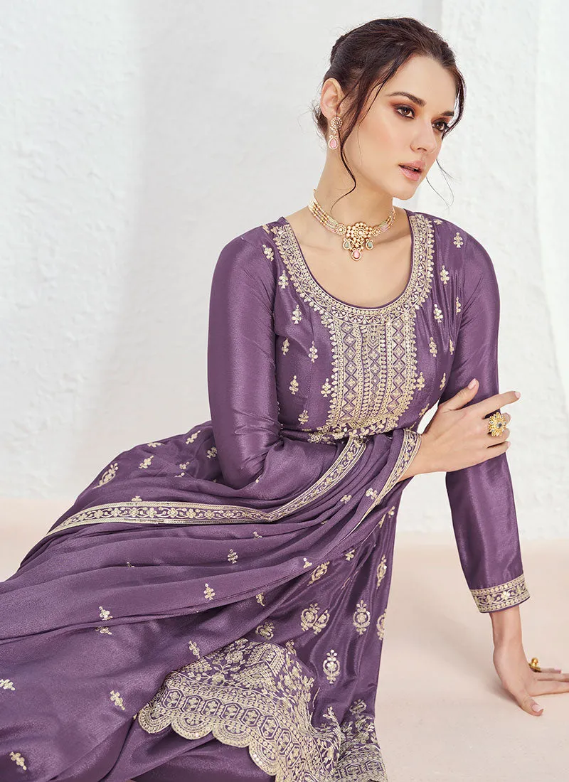 Purple Sequence Embroidery Anarkali Style Palazzo Suit