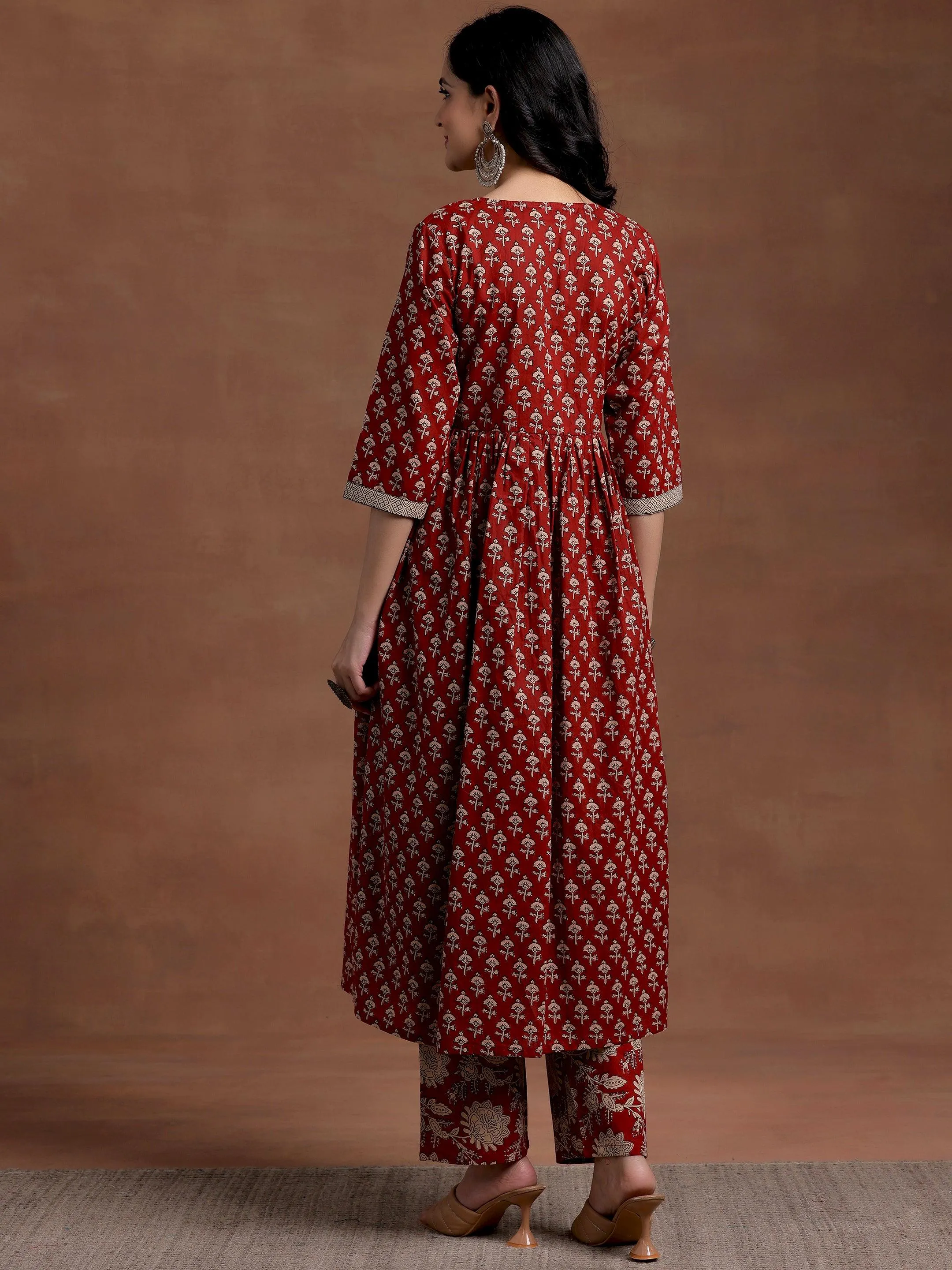 Rust Printed Cotton A-Line Kurta With Palazzos
