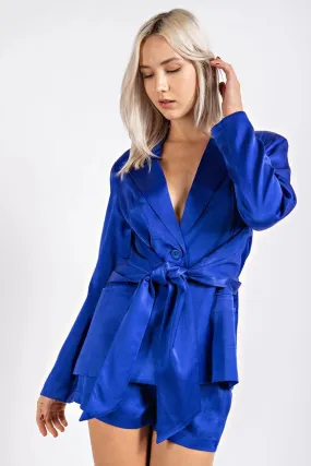 Satin Tie Waisted Blazer w/ Button Closure