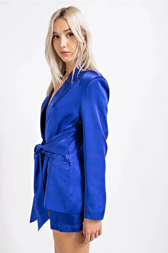 Satin Tie Waisted Blazer w/ Button Closure