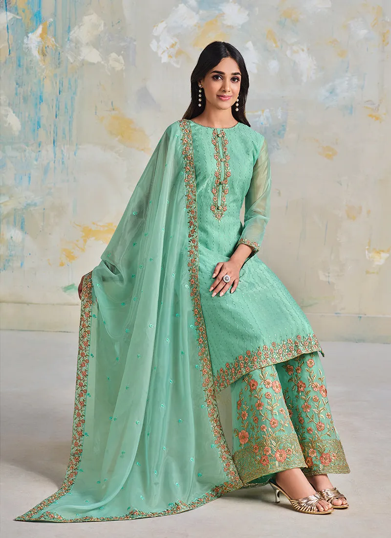Sea Green Multi Embroidered Wedding Palazzo Suit