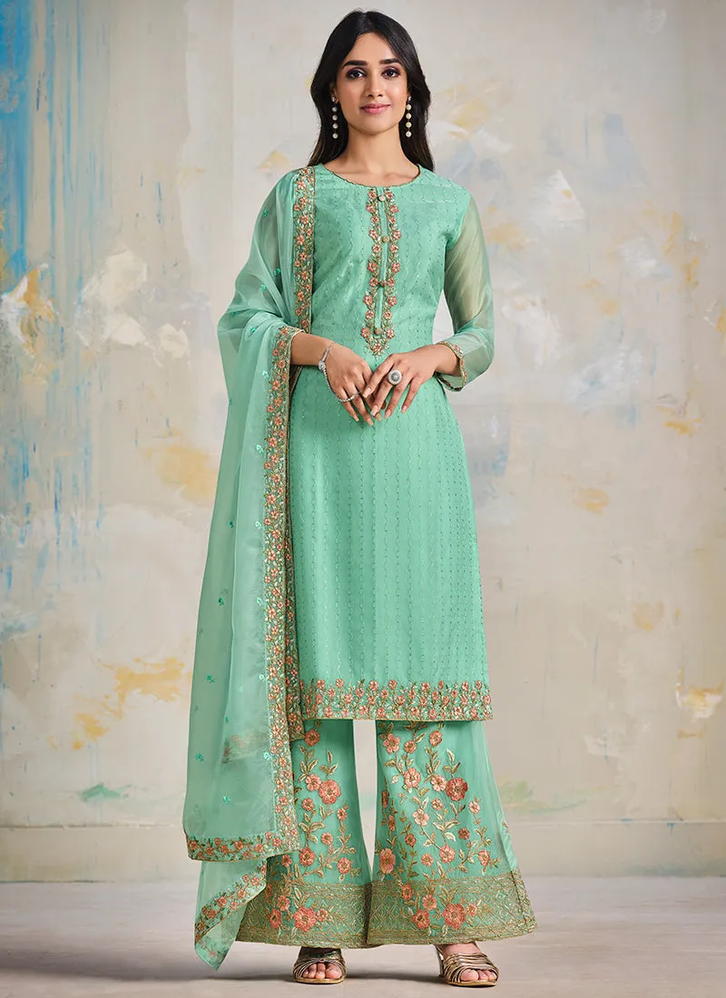 Sea Green Multi Embroidered Wedding Palazzo Suit