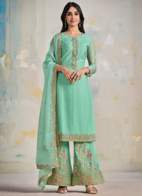 Sea Green Multi Embroidered Wedding Palazzo Suit