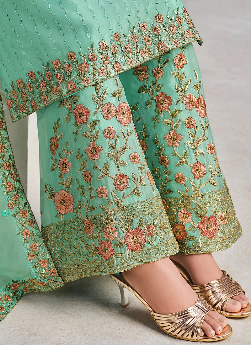 Sea Green Multi Embroidered Wedding Palazzo Suit