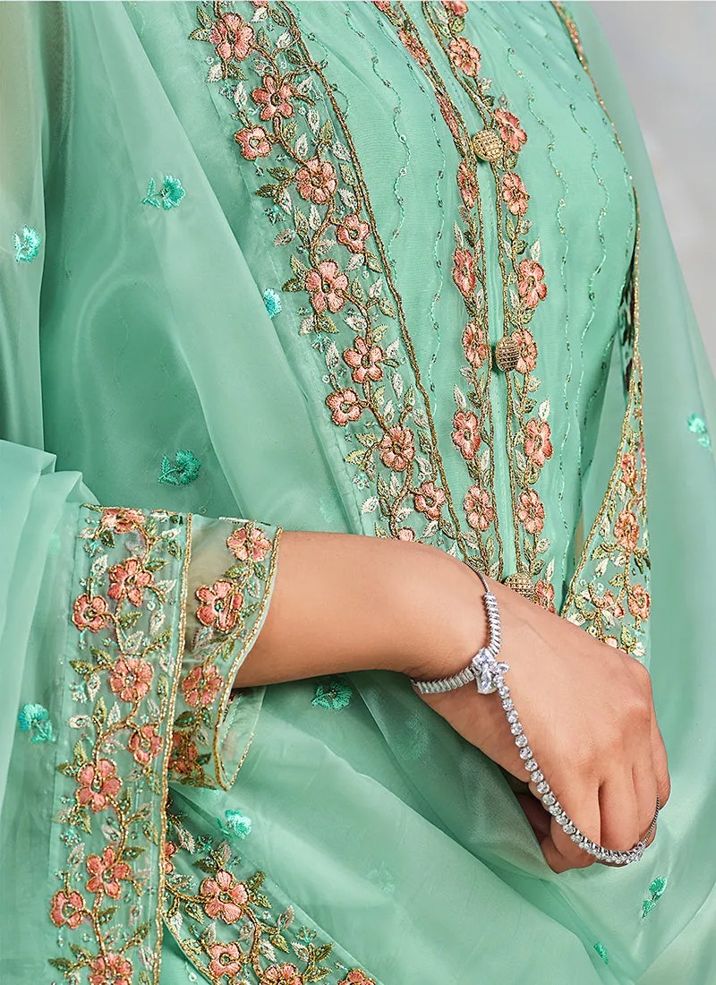 Sea Green Multi Embroidered Wedding Palazzo Suit