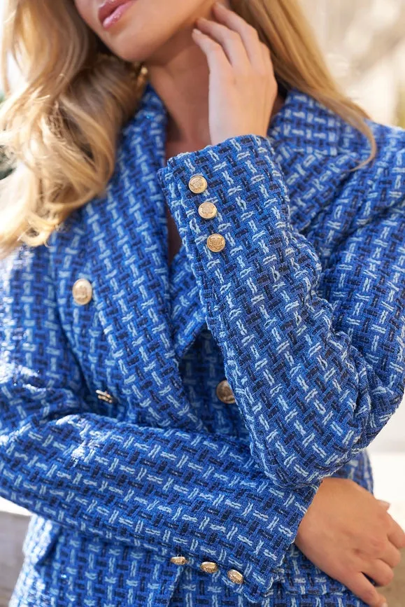 Slim Blue Tweed Blazer Jacket with Gold Double-Breasted Buttons