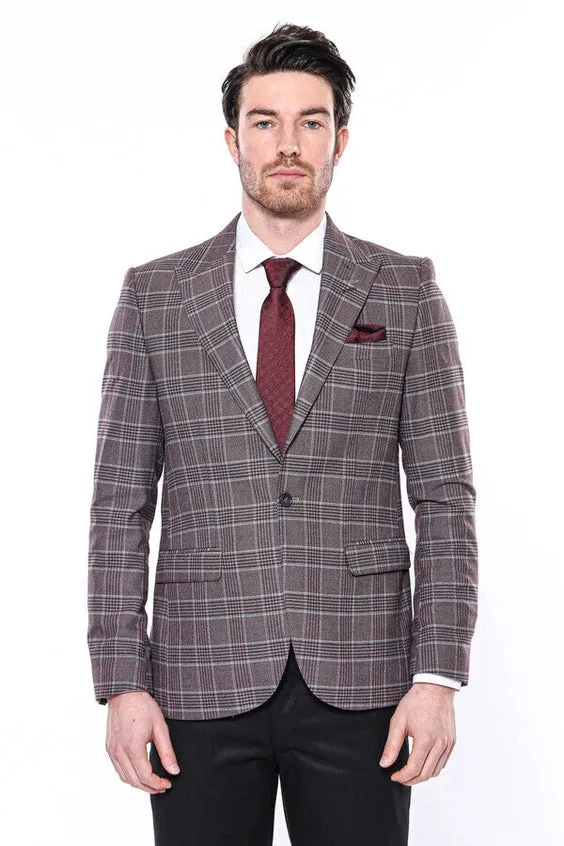 Slim-Fit Checked Burgundy Men Blazer