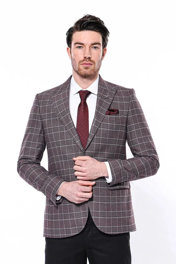 Slim-Fit Checked Burgundy Men Blazer