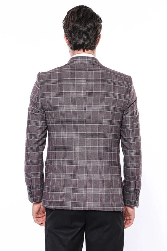 Slim-Fit Checked Burgundy Men Blazer