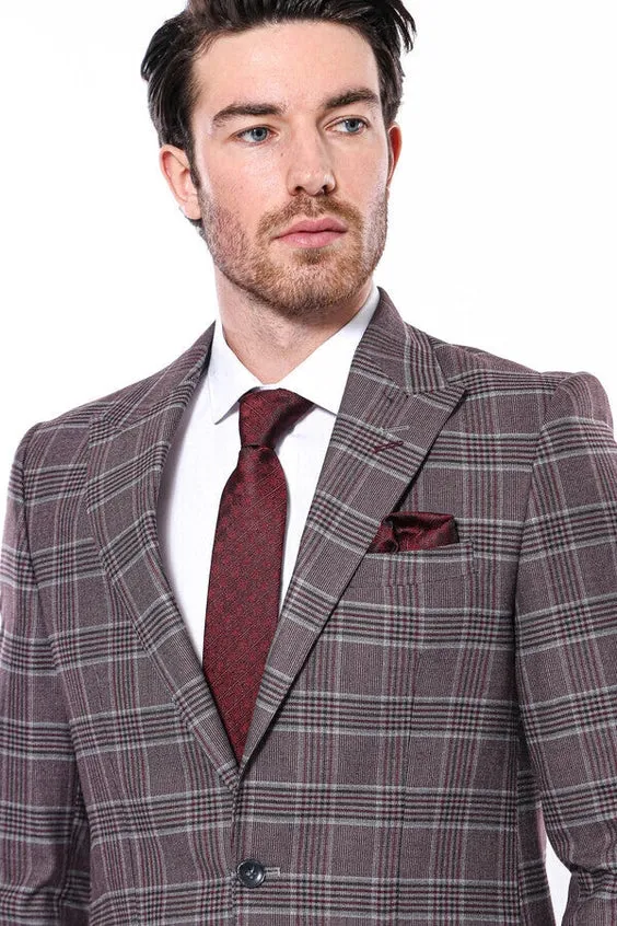 Slim-Fit Checked Burgundy Men Blazer