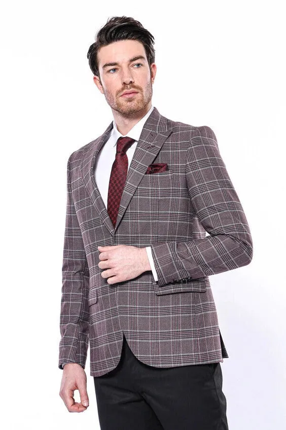 Slim-Fit Checked Burgundy Men Blazer