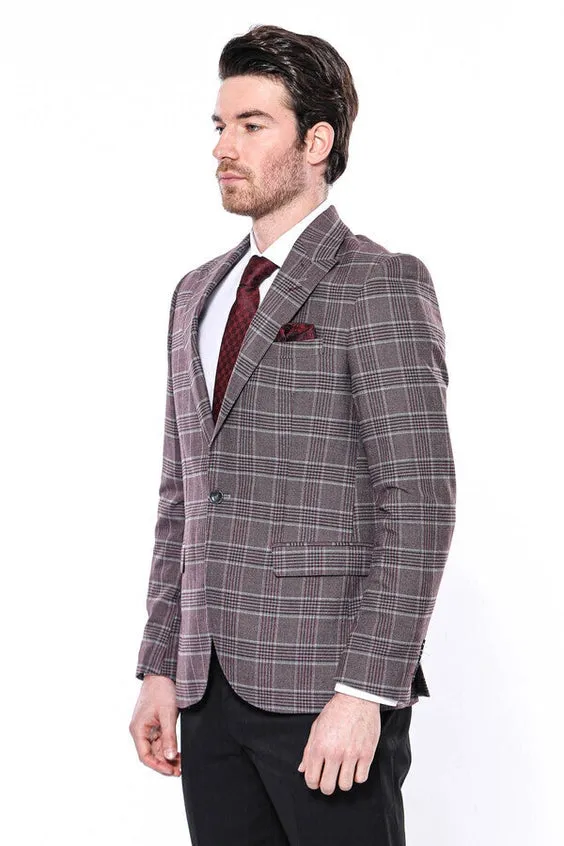 Slim-Fit Checked Burgundy Men Blazer