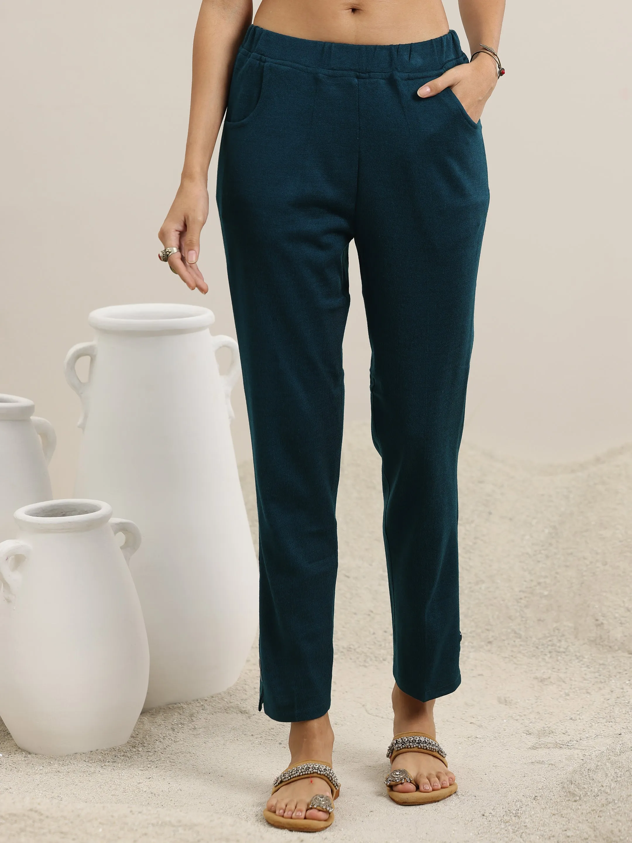 Teal Yoke Design Wool Blend Straight Suit With Dupatta
