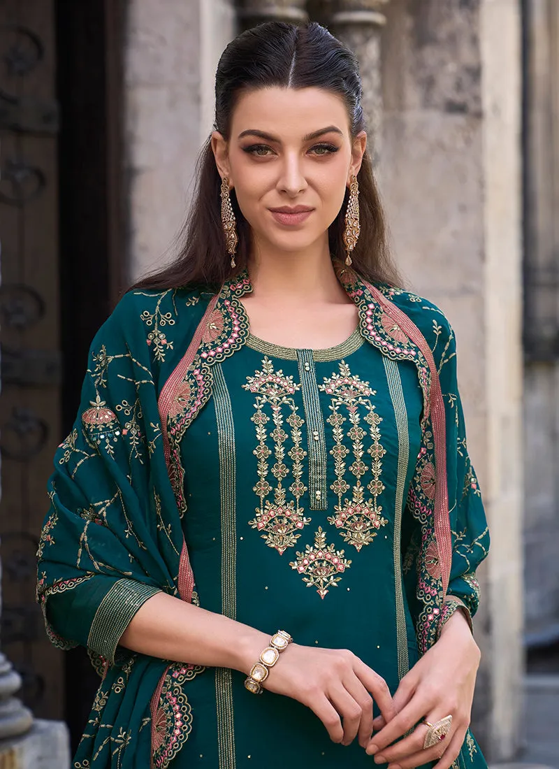 Turquoise Multi Embroidered Pakistani Pant Style Suit
