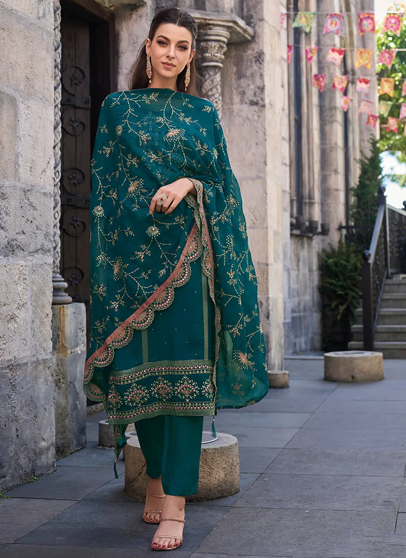 Turquoise Multi Embroidered Pakistani Pant Style Suit