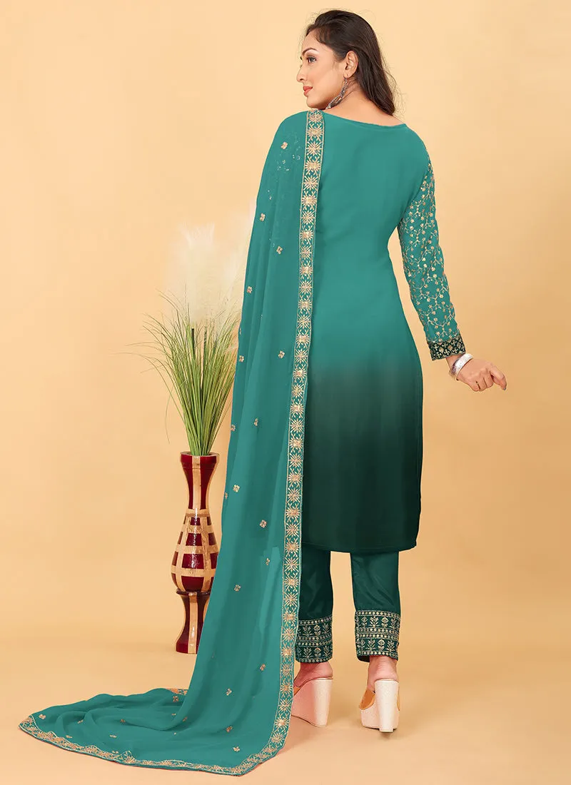 Turquoise Ombré Georgette Pant Style Salwar Suit